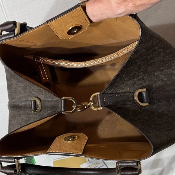 NWT Michael Kors Brown Logo Greenwich Large Grab Bag Tote Satchel MK Signature - Picture 5 of 14